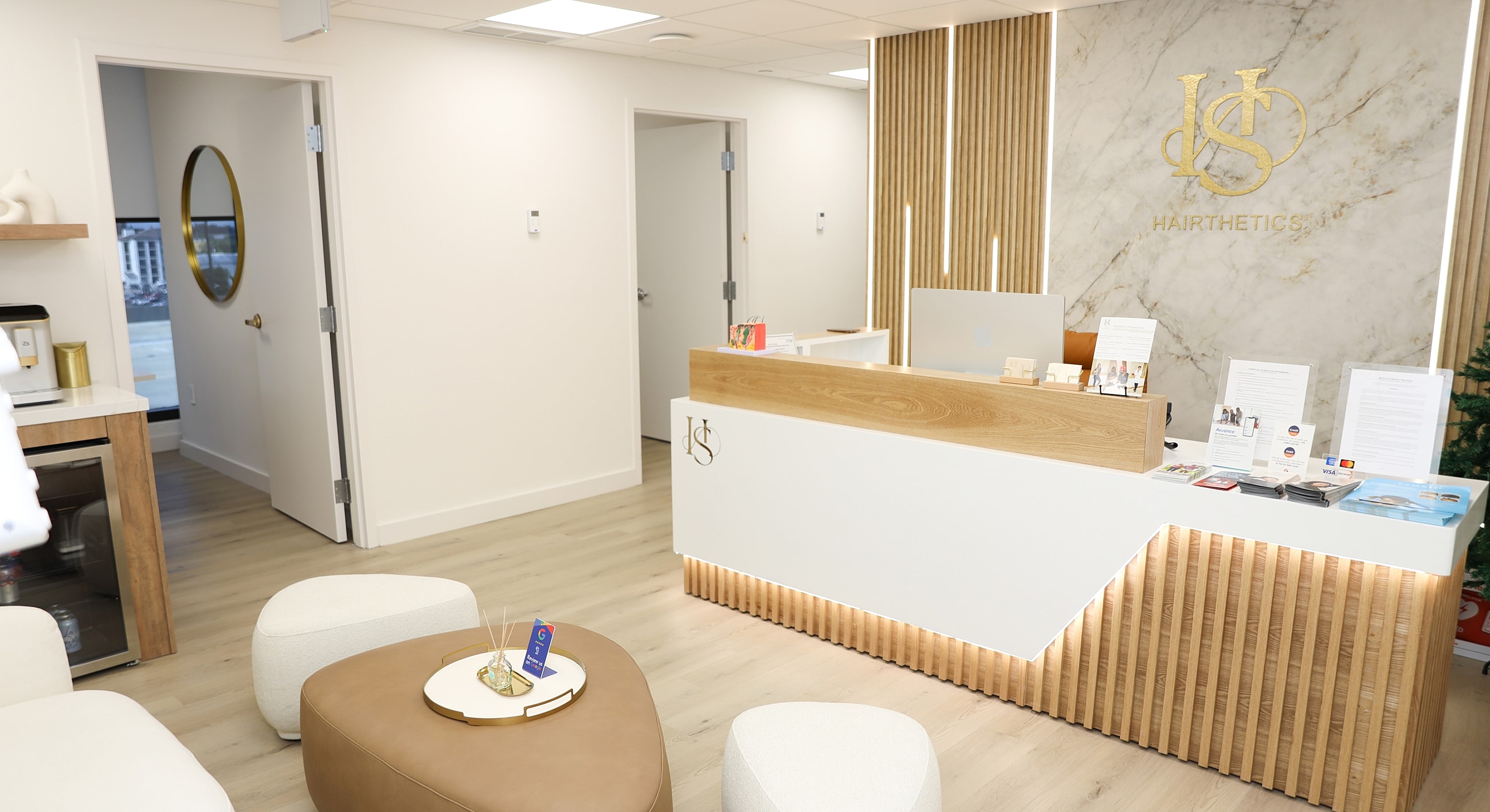 Modern hair aesthetics salon reception area interior.