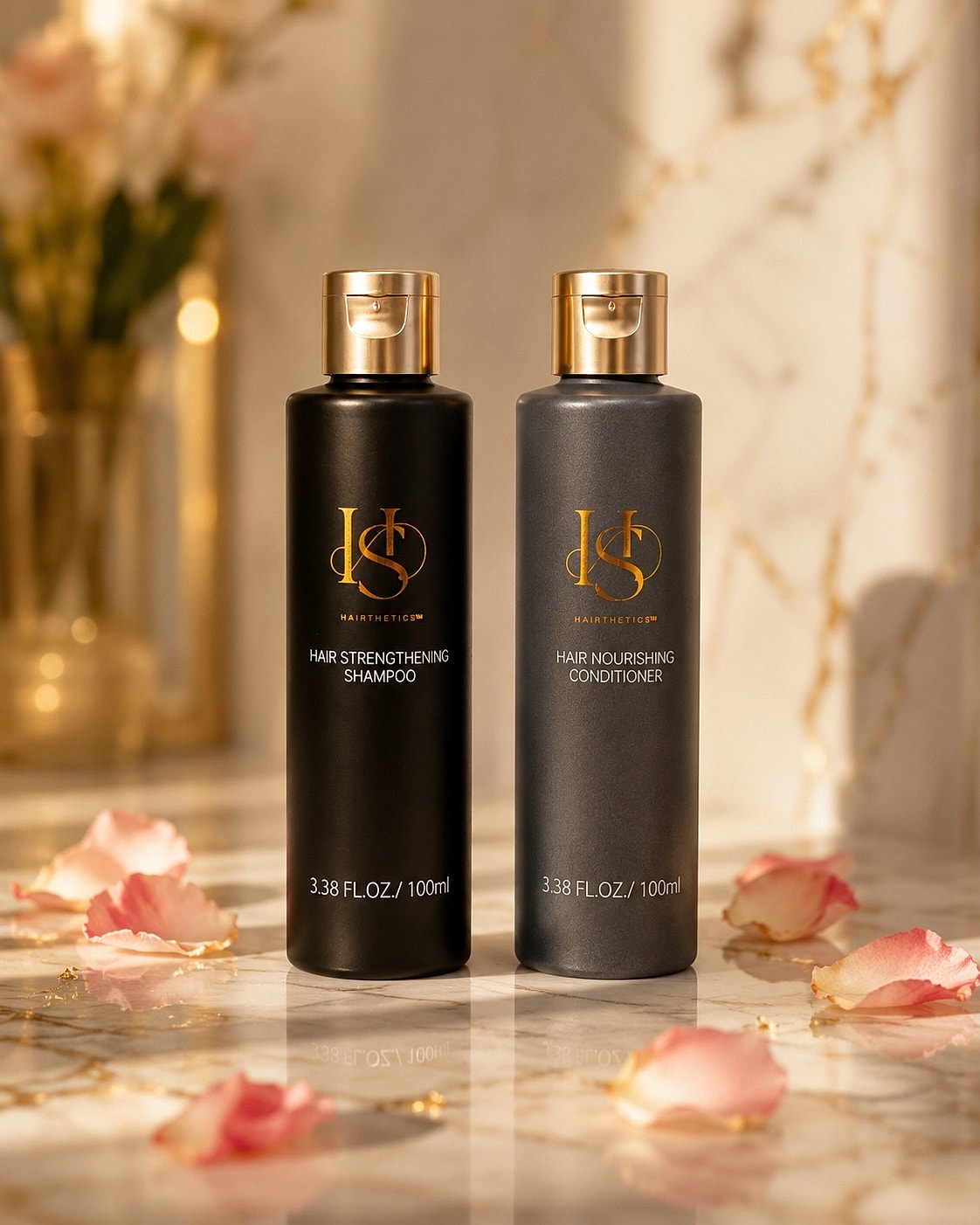 Shampoo and conditioner bottles on marble surface.